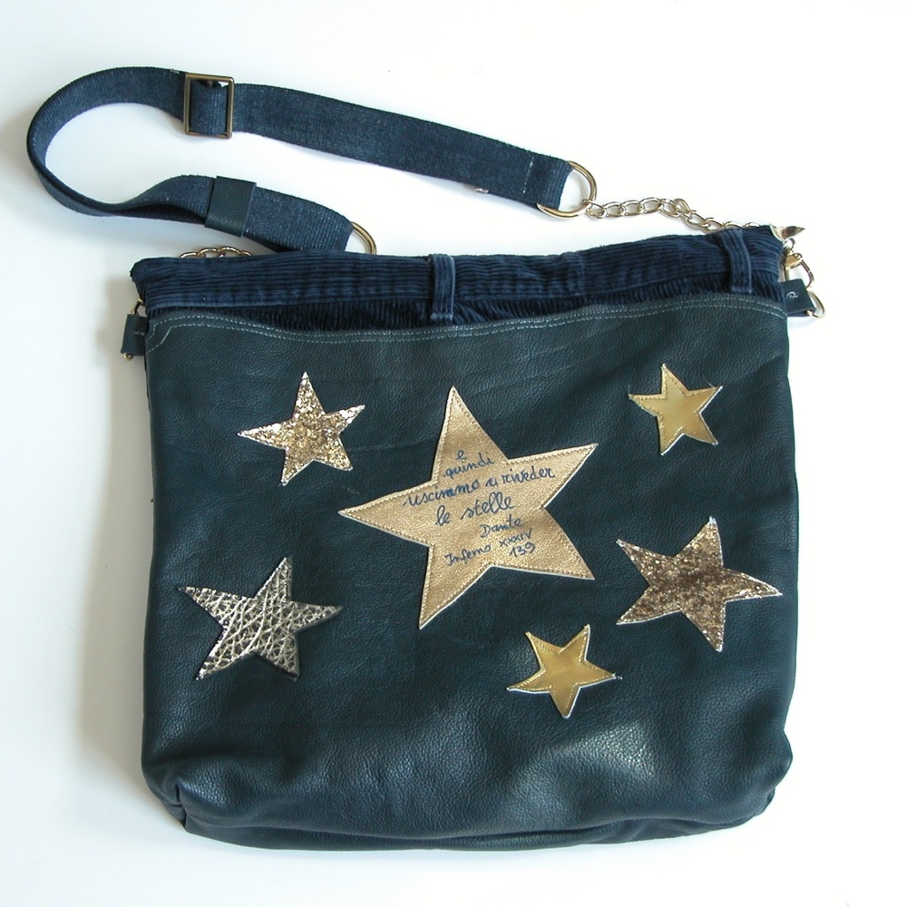 Italian Blue Leather Satchel Bag FIRENZE Gold Star Florence Handmade Come Sopra